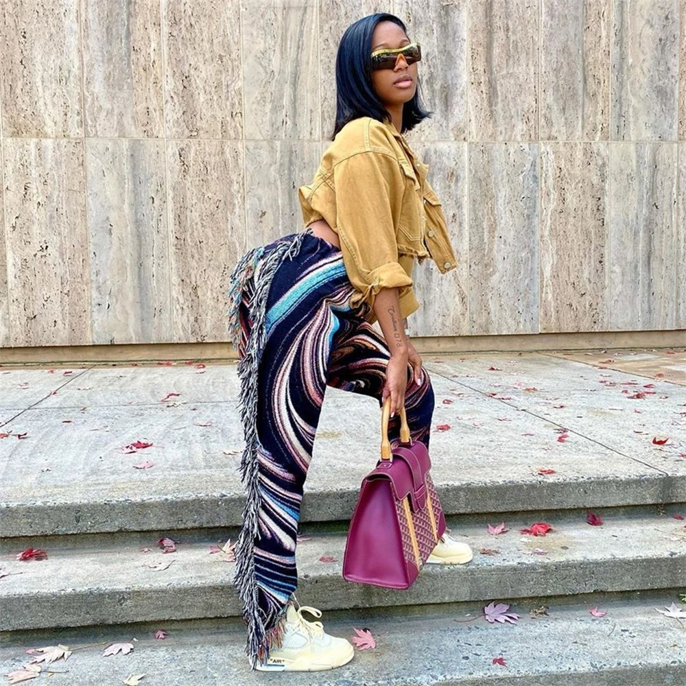 

2021 Fall Women Printed summer Casual Fashions Streetwear Colorful Tassel Trousers & Pants