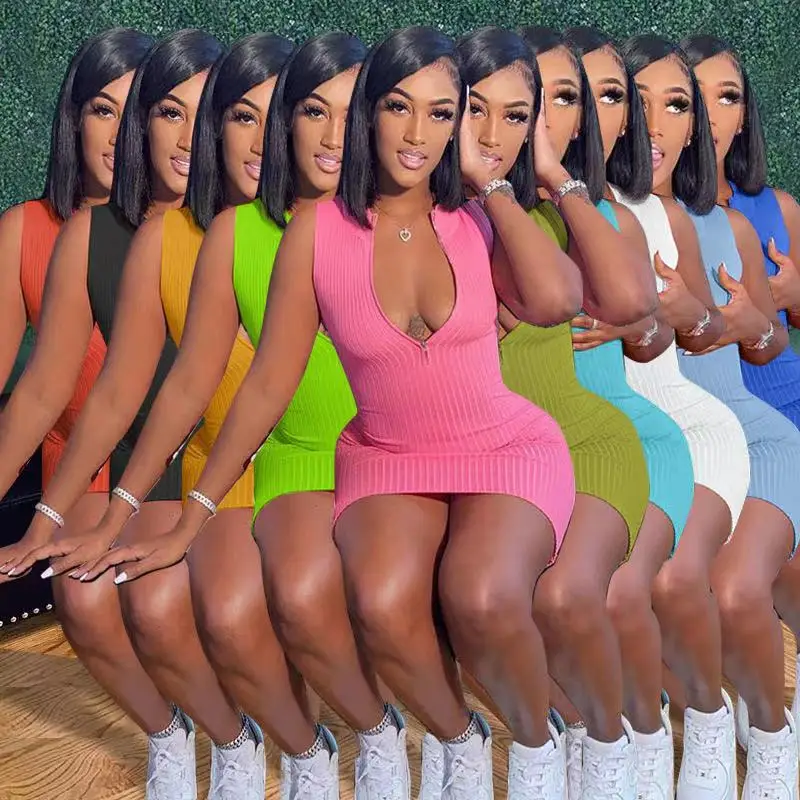 

Fashion Women Dress Ribbed Mini Tank Knit Cotton Dresses Front Zip Up Bodycon Sleeveless Sweater Dress