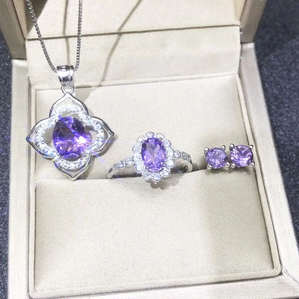 

925 Sterling Silver Natural Amethyst Gemstone Ring Earring Pendant Necklace Jewelry Sets Engagement Wedding Jewelry