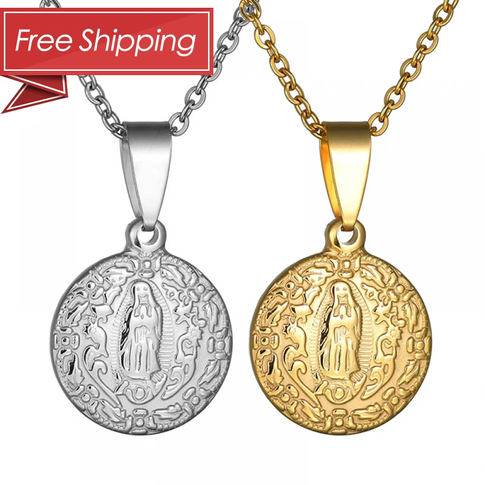 

USA Free Shipping Stainless steel virgin mary necklace round medal gold plated virgen de guadalupe necklace religious jewelry, Gold/steel