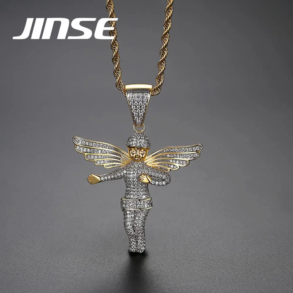 JINSE Angel Men Hip Hop Rope Chain Necklace Bling Bling CZ Pendant Necklaces Jewelry