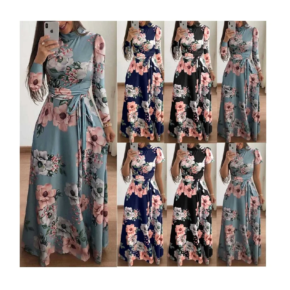 

DR035 Woman High Collar Belt Women Boho Beach Long Plus Size Floral Print Maxi Casual Dress