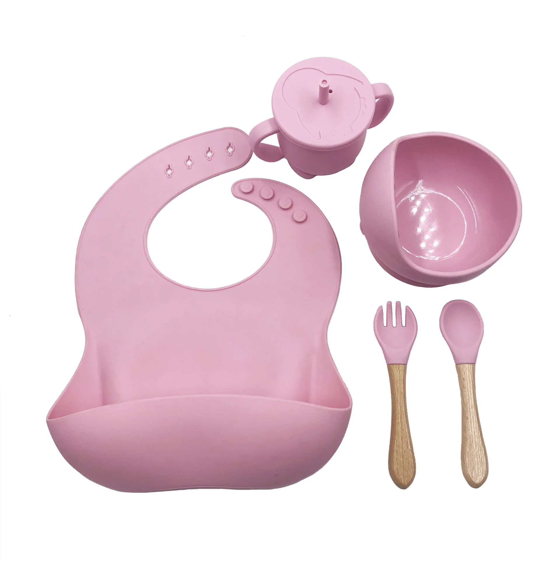 

0540 Children's food supplement bowl, straw cup, saliva pocket, fork spoon, 5-piece set of silicone baby feeding tableware, Many colors are available