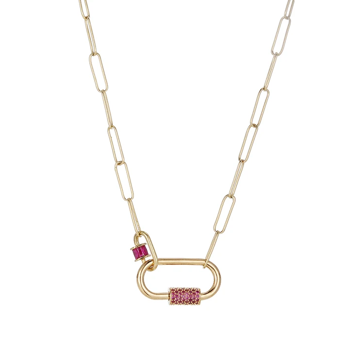 

2021 Trendy Fashion Gold Plated Paper Clip Chain Lock Clasp Pendant Chain and Lock Designer Necklaces with Pink Zircon, Picture