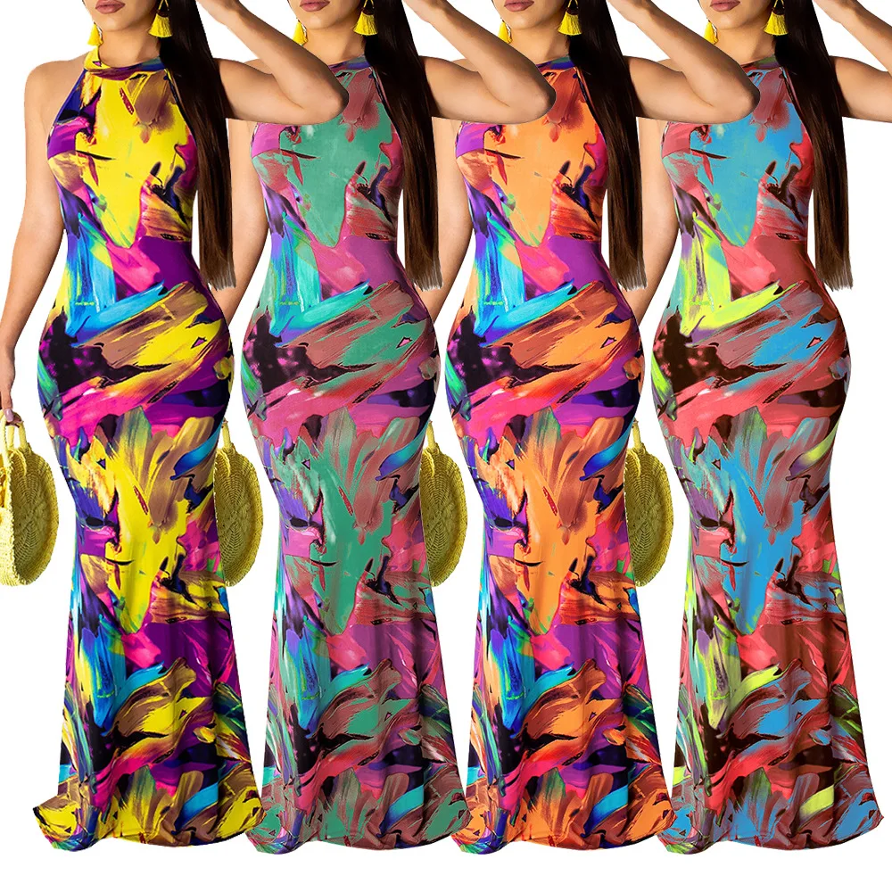 

wholesale Summer tie dye long dress women printed beach evening dress female