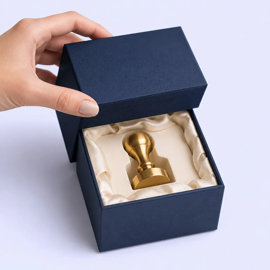 Hand lifting the lid of a stamp gift box