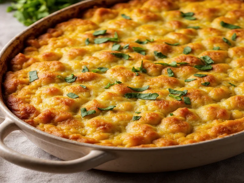 Golden homemade stuffing in ceramic dish with fresh herbs