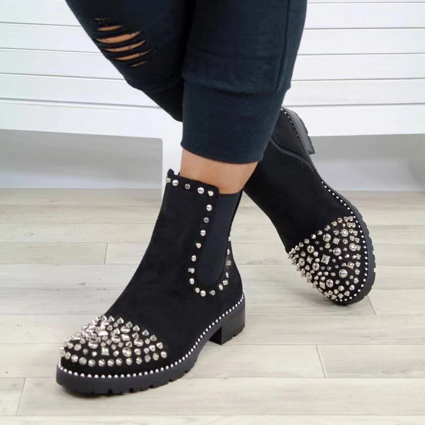 

2020 winter hot sale ladies high quality stud rivet Chelsea boots Women fashion leather ankle booties shoes botas de mujer, 2 colors as picture