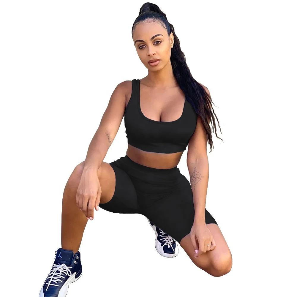 

Solid Color Summer Vest Tracksuit Sexy 2 Piece Sport Set for Women Crop Top Fitness Short Set Outfits, 4 colors