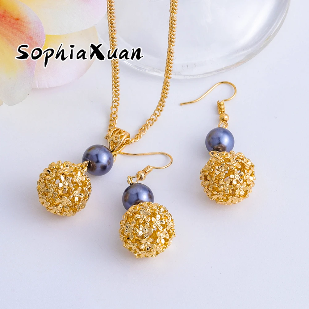 

SophiaXuan simple fashion Gold ball inlaid with light water beads polynesian hawaiian jewelry set wholesale, Picture shows