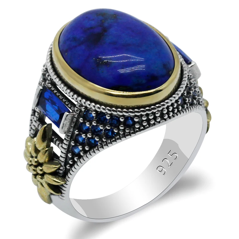 

925 Sterling Silver Men Ring with Blue Lapis Lazuli Stone Ring for Men Lazurite Stone Ring 925 Man Silver Turkish Jewelry