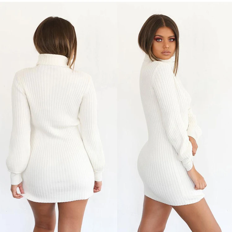 

Women Autumn and Winter Long Sleeve Knitted Sweater Dress High Collar Slim Fit Bottoming Mini Dress Knitting Dress, Color
