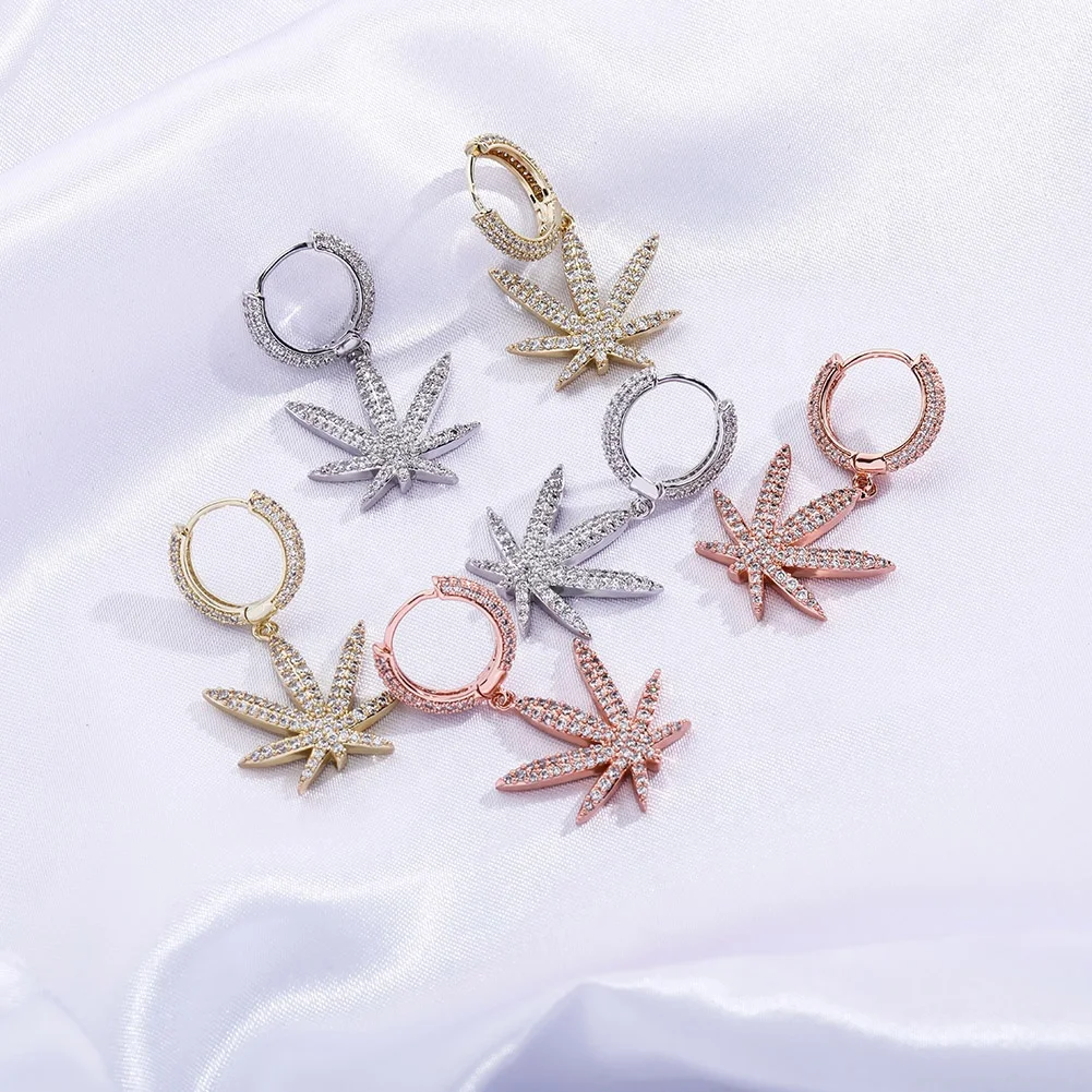 

New Minimalist Maple Leaf Earrings Ice Cubic Zirconia Earring Jewellery Hip Hop Fashion Jewelry Women Girls Bling Drop Earrings