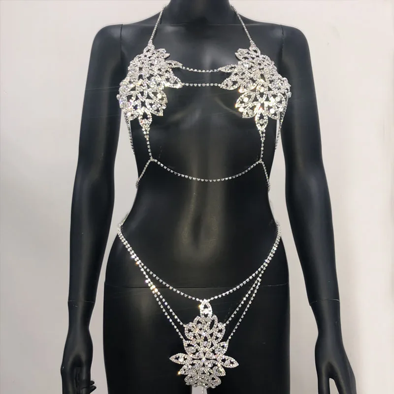 

Super Sexy Full Diamond Bikini Body Chain Set Flower Shaped Bra&Thong Set Chain