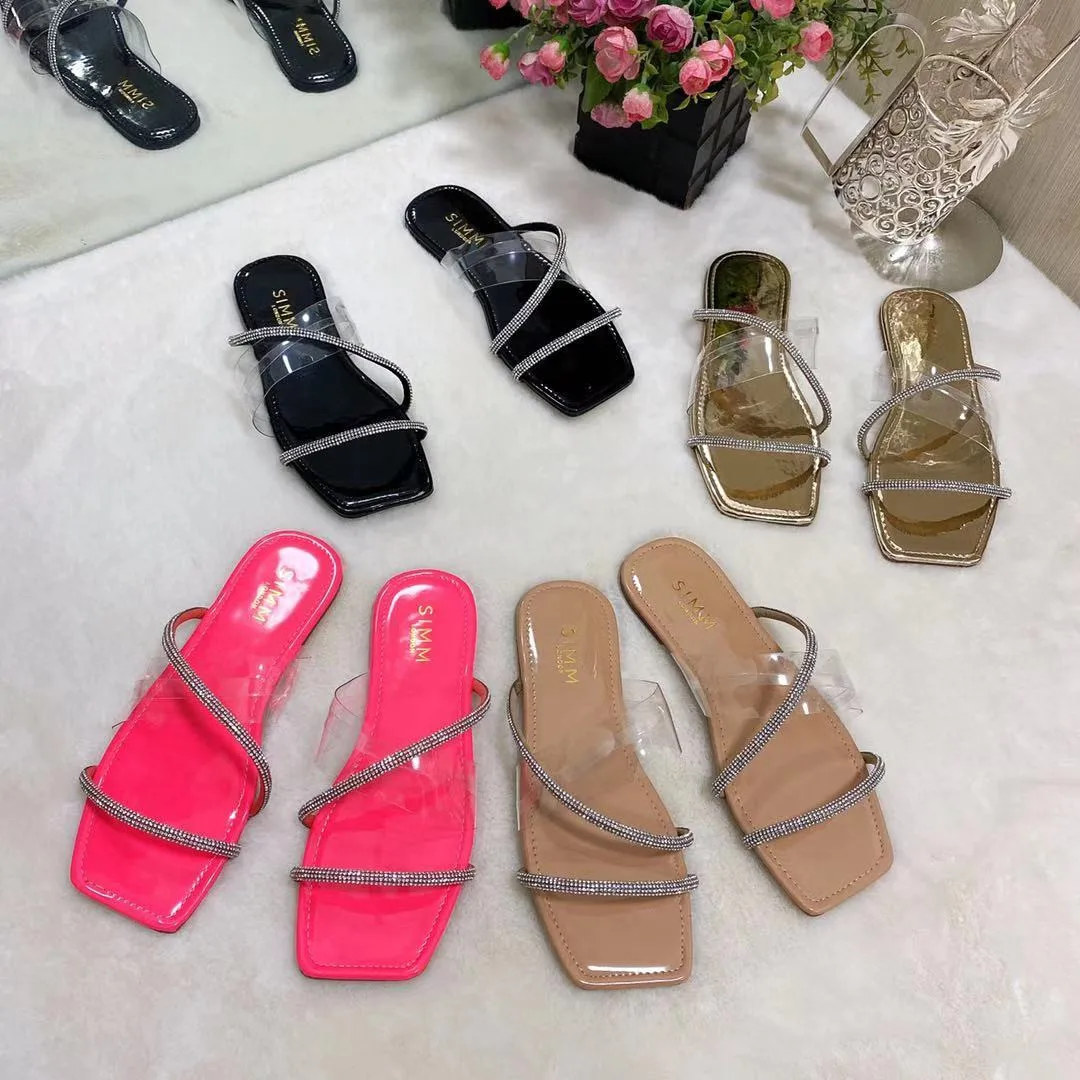 

2021 Wholesale Designer Ladies Summer Rhinestone Sandals for Women Fashion Female Bling Diamond Crystal Beach Flat Sandals Shoes, 4 colors