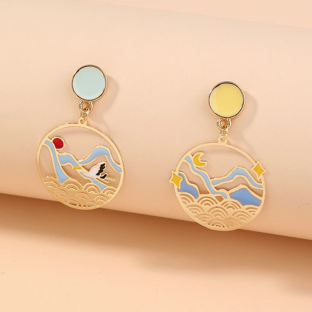 

Colorful Chinese Style Auspicious Clouds Crane Drop Earrings Jewelry For Women, Gold