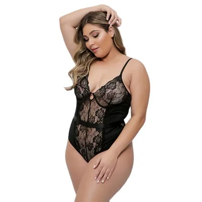 

High quality plus size women's sexy deep V back cross straps see-through flowers sexy one-piece