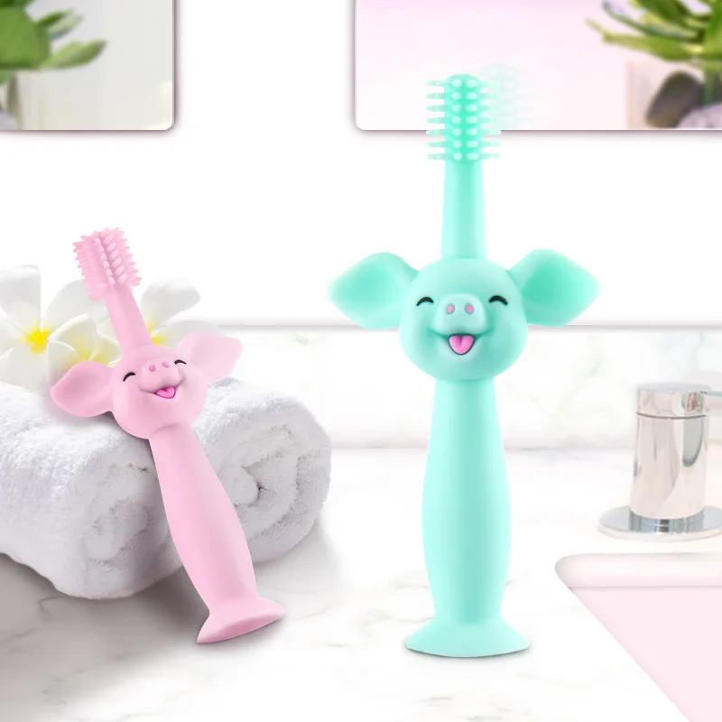

Amazon Hot Sale Food Grade Silicone Baby Silicon Cartoon Molar Tooth Brush, Blue/pink