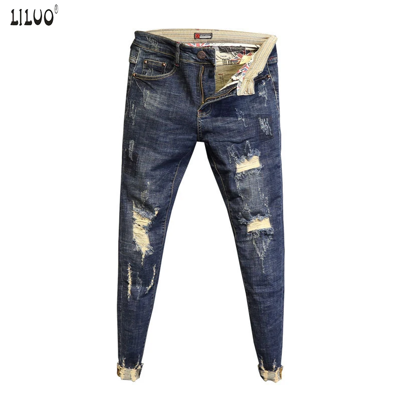 

LILUO Wholesale Fashion No ironing low waist washing raw edge pants slim feet pants men's spring ripped hole jeans