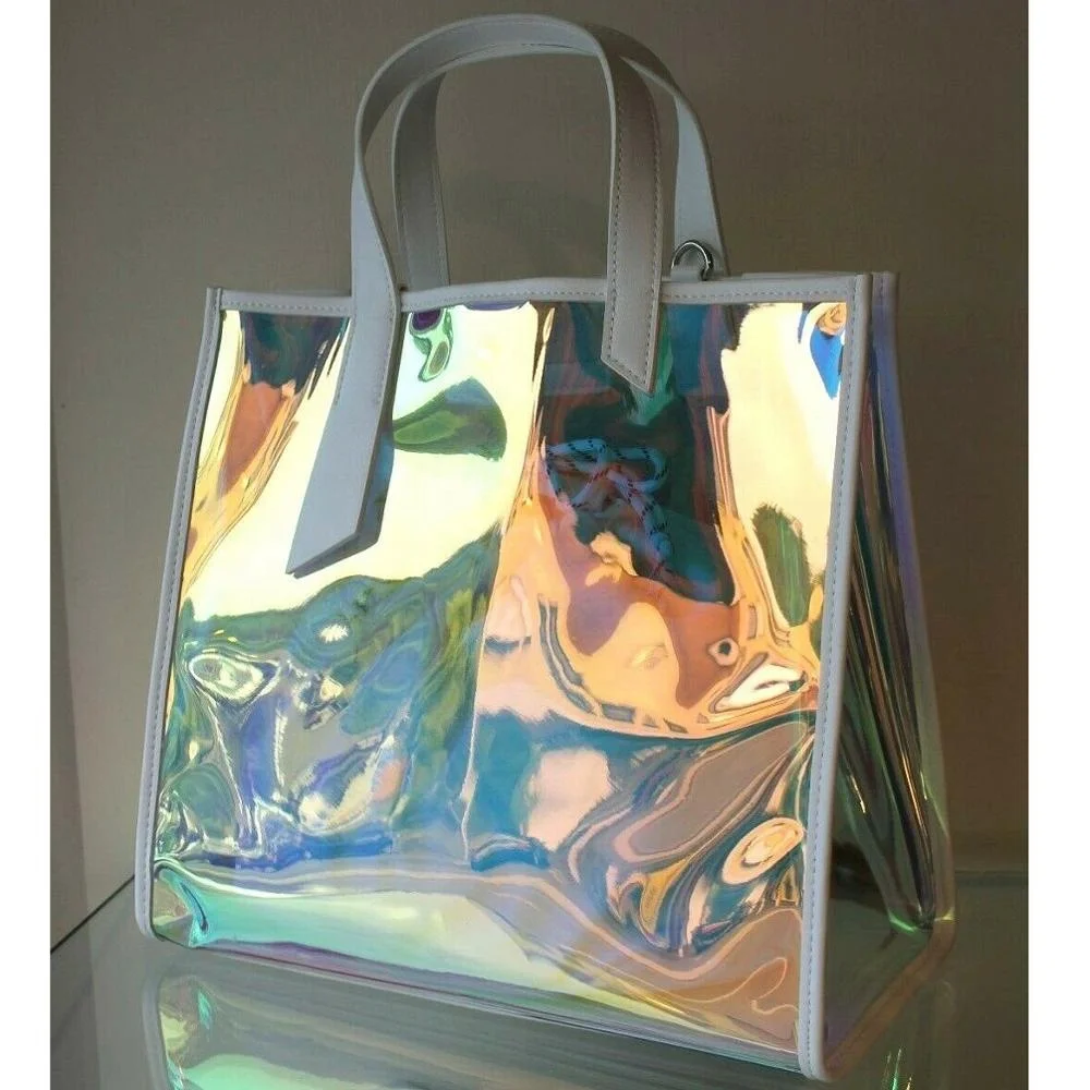Ladies Iridescent Pvc Holographic Handbag Beach Shoulder Tote Shopping ...