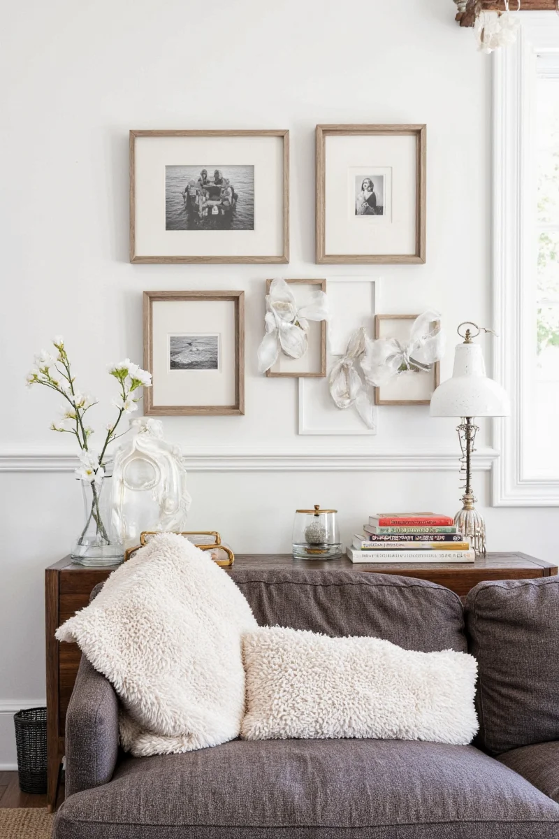 Mirror and photo frame combo in a living room