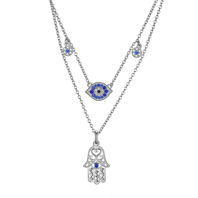 

925 Sterling Silver Jewelry Necklace Kolye 5A Zircon Turkish Devil Evil Blue Eye Pendant Charms Fatima Hand Hamsa Necklace