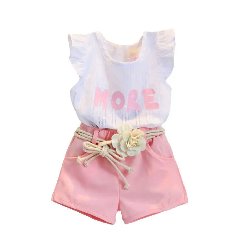 

Girls flying sleeve jacquard short-sleeved shorts two-piece kids sets flower belt princess pants suit