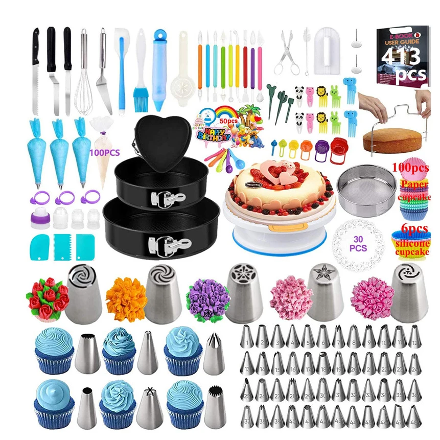 

Wholesale Christmas Cake Turntable Stand Supplies Kits 413 PCS Cake Decorating Baking Tool Set for Women