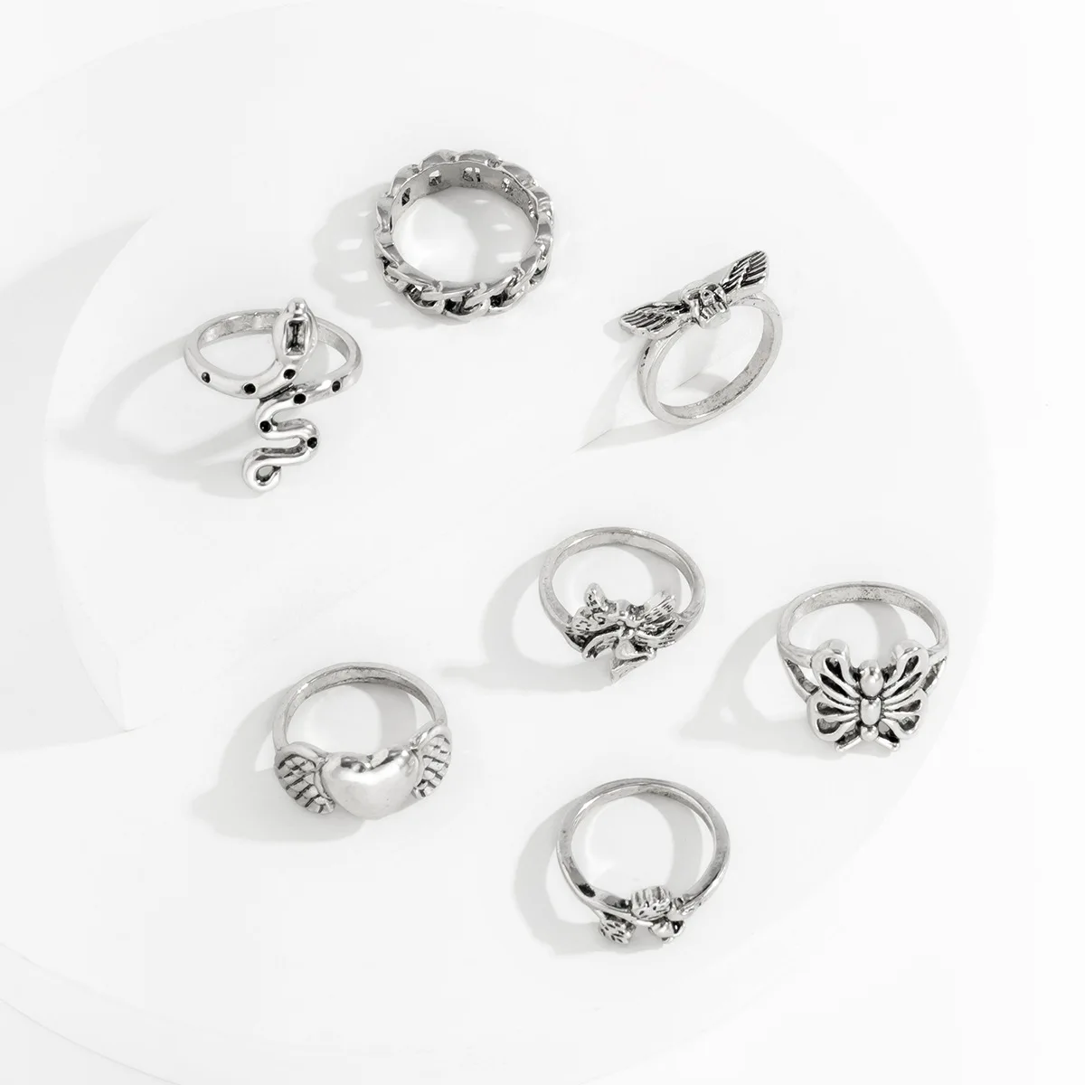 

2021 Trendy New Style Vintage Alloy Snake Heart Butterfly Ring Set