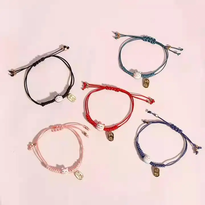 

Simple Cute Ceramic Cat Braided Rope Bracelet Alloy Small Pendant Accessories Hand Made Woven Lucky Cat Bracelet for Gifts, As pic show