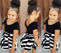 

Fashion new hot sale cheap girl black short sleeve striped skirt two pieces sets kids 2019 summer clothes