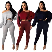 

New Spring Autumn Women Girls O-neck Solid Color Long Sleeve Short T-shirt Casual Blouse Tops And Long Pants Two-piece Set Suits