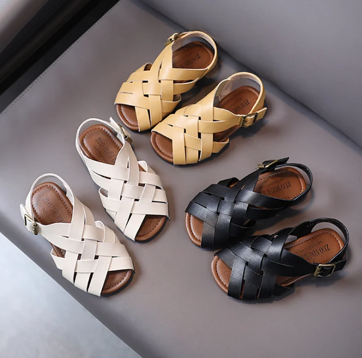 

2021 New Summer Children's Sandals Genuine Leather Toddler Kids Shoes Fashion Braided Fish Mouth Girls Sandals 21-30