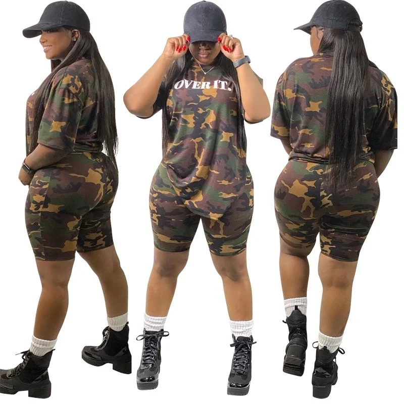 

New design casual tops and pants fashion plus size camouflage two-piece women's clothing, 1 color