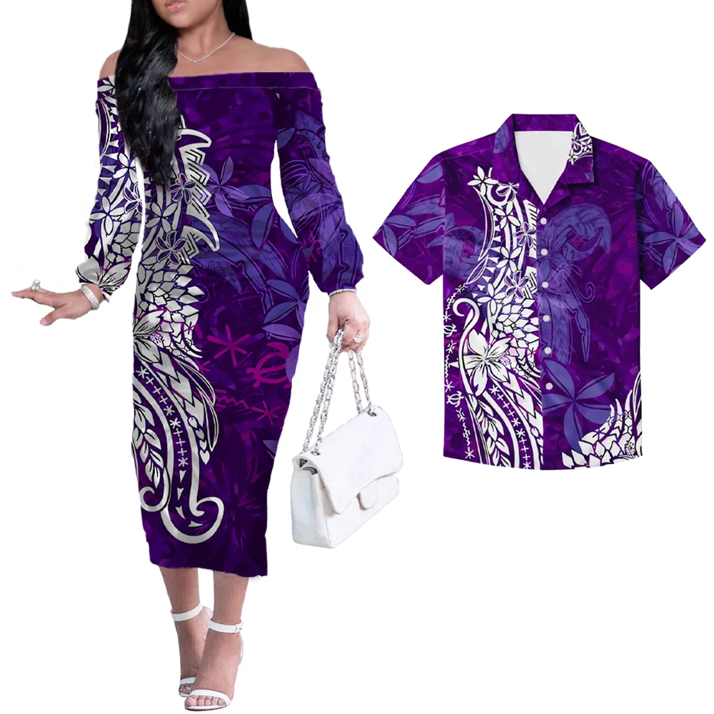 

2021 Purple White Polynesian Samoa Print New 2-Piece Suit Ladies off-shoulder Dress With Men's Shirt, Customized color