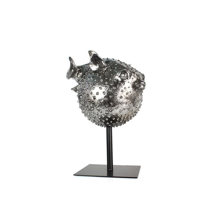 Hot sale resin pufferfish sculpture on metal stand living room decor factory