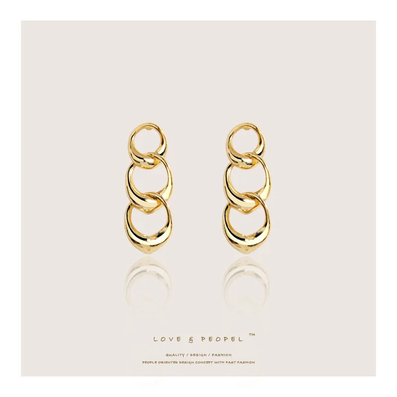 

2021 new style DIY new design three circle long simple classic luxury fashion 14K gold-plated earrings women cheap factory whole