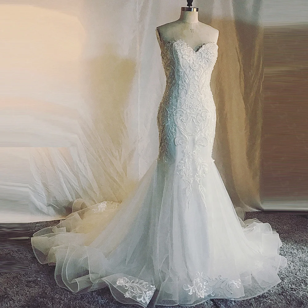 

RSW1708 Elegant Long Train Wedding Dress Horshair Edged Mermaid Wedding Gowns Lace, Customer made