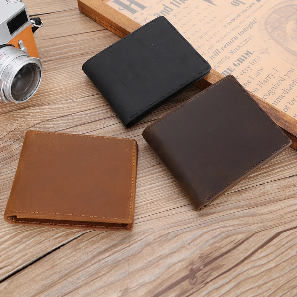 Waterproof Leather Designer Classic Short Slim 2 ID Credit Card Holder Pure Full Grain Leather Men Wallets