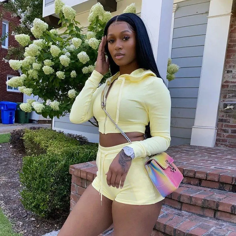 

N1907 zipper long sleeve crop top and shorts women custom logo causal sets fall