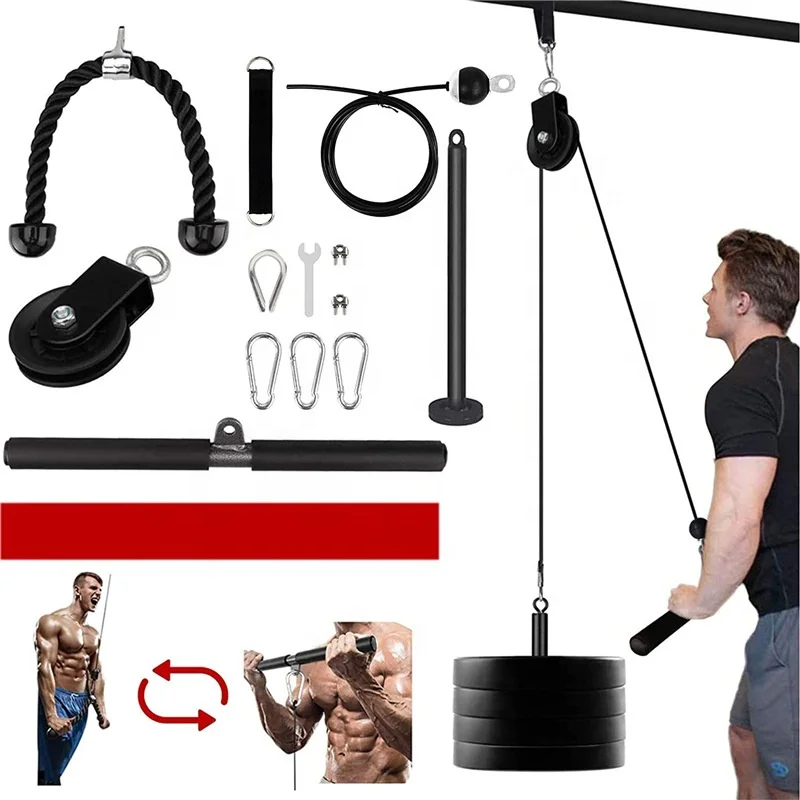 

Home Equipment DIY Single Pull Down Weight Lifting System High Low Gym Adjustable Nylon Cable Pulley Set Fitness Accessories, Black