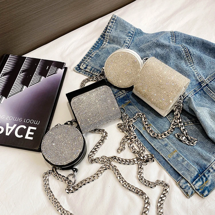 

2021 Women Fashion Diamond Handbags 2pcs Set Purses Chain Glitter Bags For Ladies