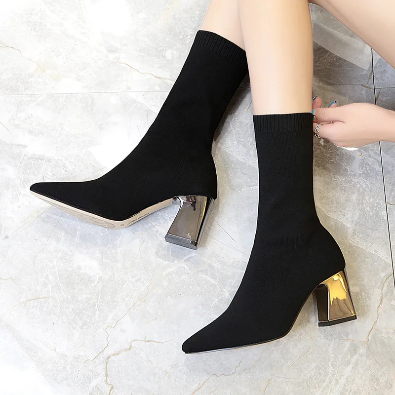 

7CM Women Black Ankle Sock Boots Fashion Spring Autumn Stretch Boots Chunky High Heels Pointed Toe Women Shoes