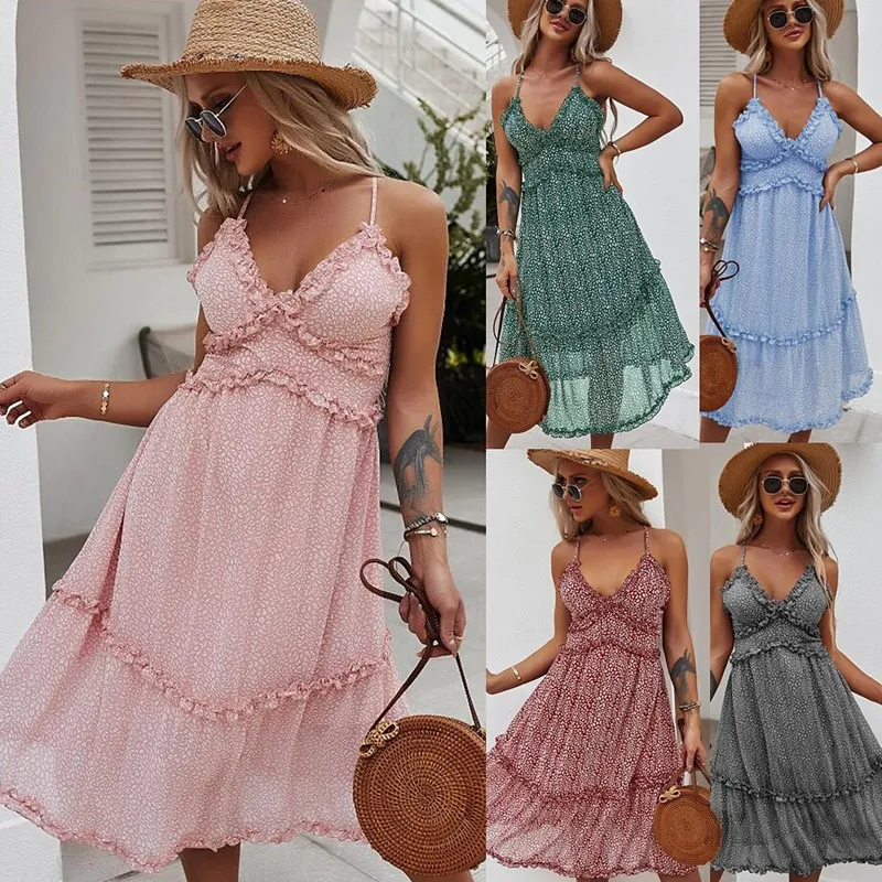

QZ-115 wholesale Urban women V-neck casual dress Sleeveless summer girls' dresses