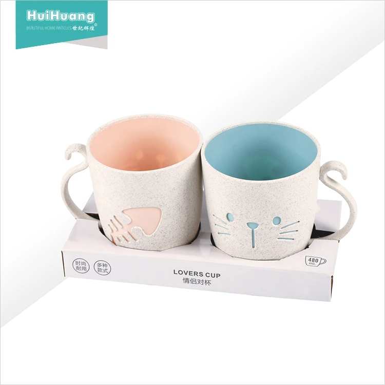 Promotional cheap price 2 pcs cat fishbone pattern plastic water cup whrat straw coffee mugs for home