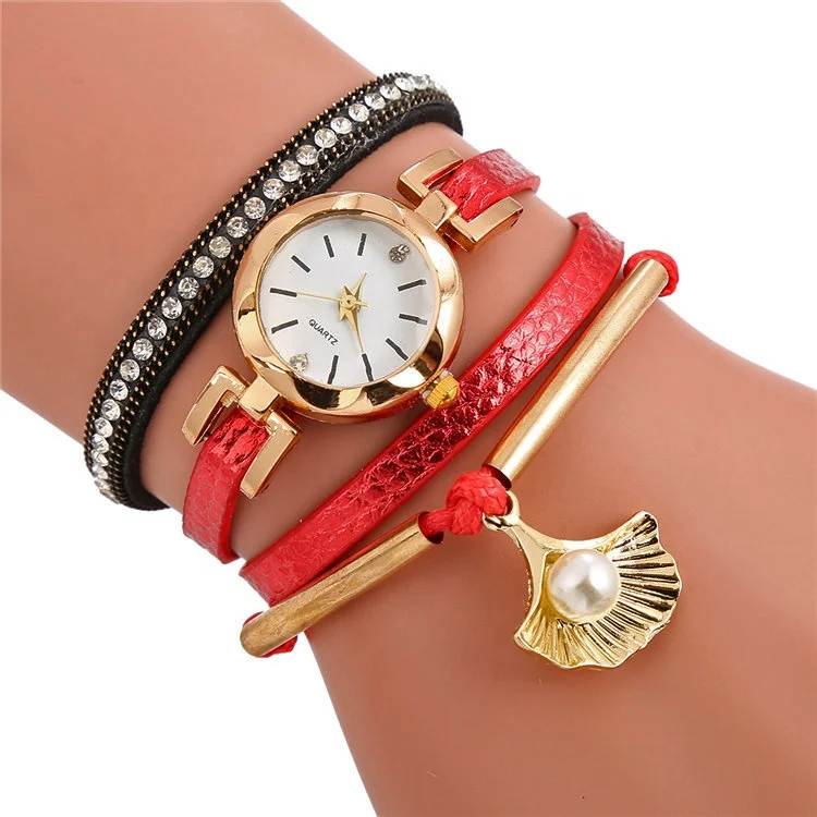 

Leather Bracelet Watch With Diamond Rivet Shell Pearl Pendant Wrist Quartz Watch, As shown