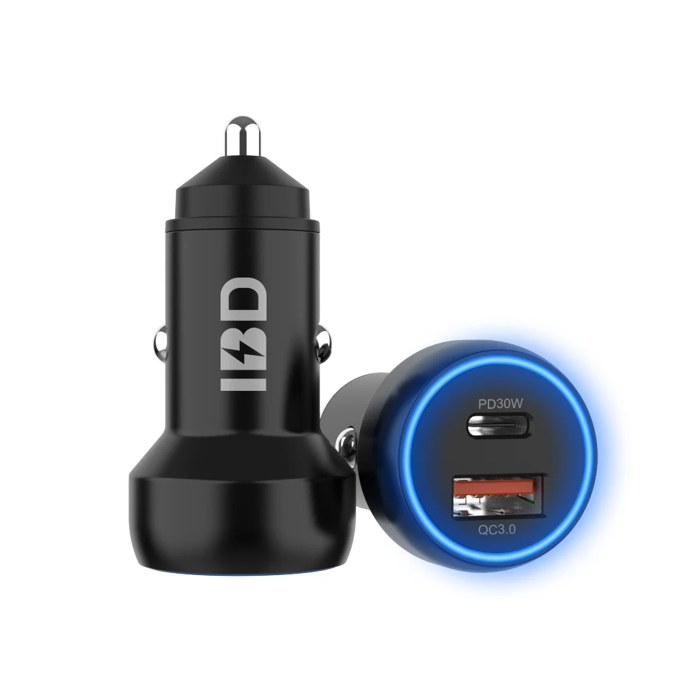 

IBD 2021 Hot selling 36W 2 Ports PD car charger fast charging PD3.0 30W QC3.0 Mobile Phone car charger, Black