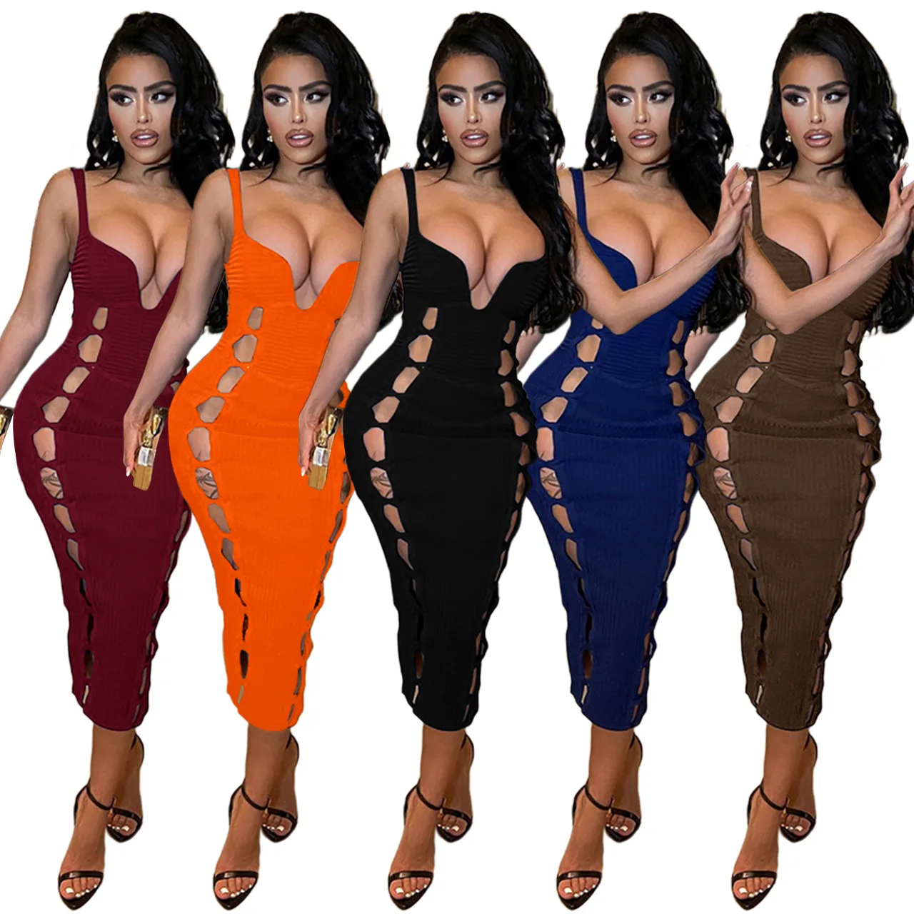 

Women Solid Color Ribbed Dress Sleeveless Midi Clubwear Dress Sexy Low Cut Hollow Out Casual Dresses, Picture color