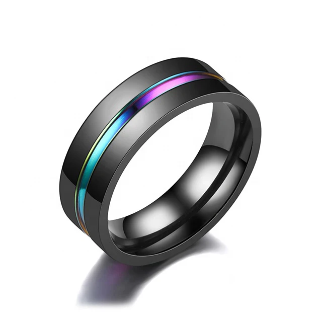 

Wholesale 8mm Rainbow Line Mens Wedding Rings Black stainless steel smart Ring Jewelry, Silver