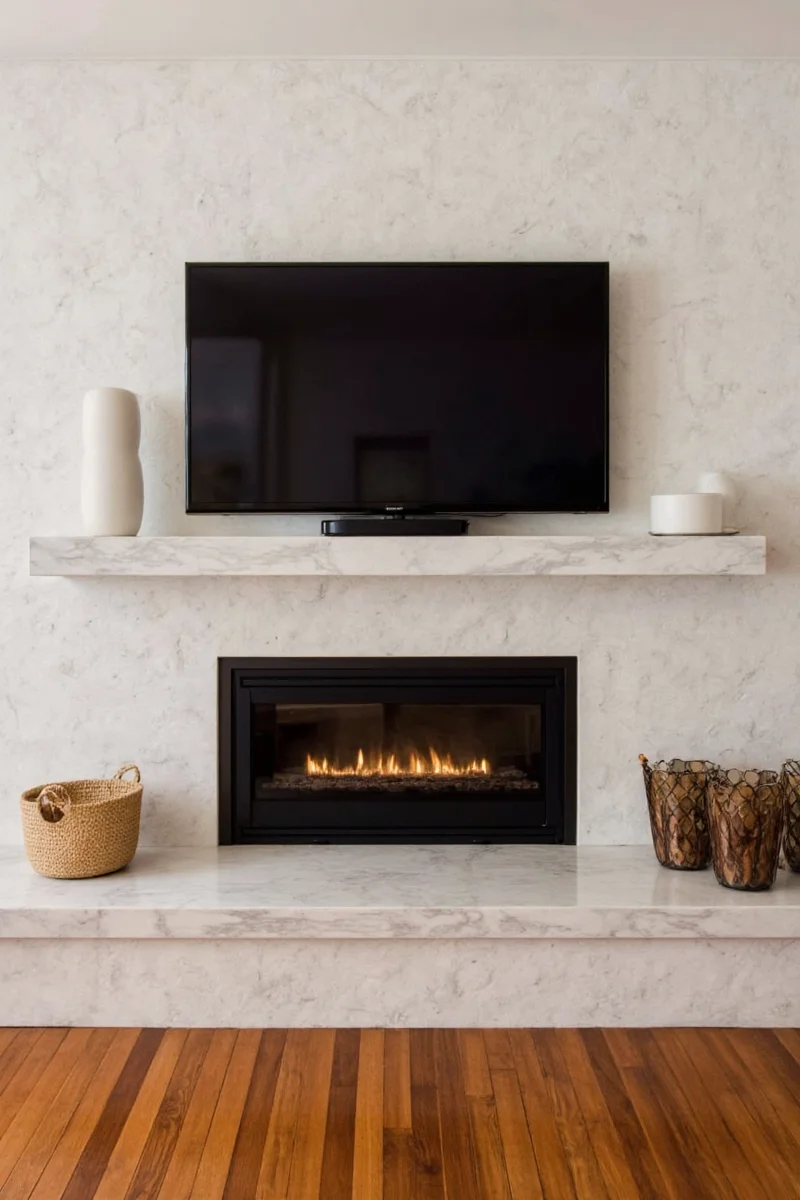 Floating cabinet below TV above fireplace